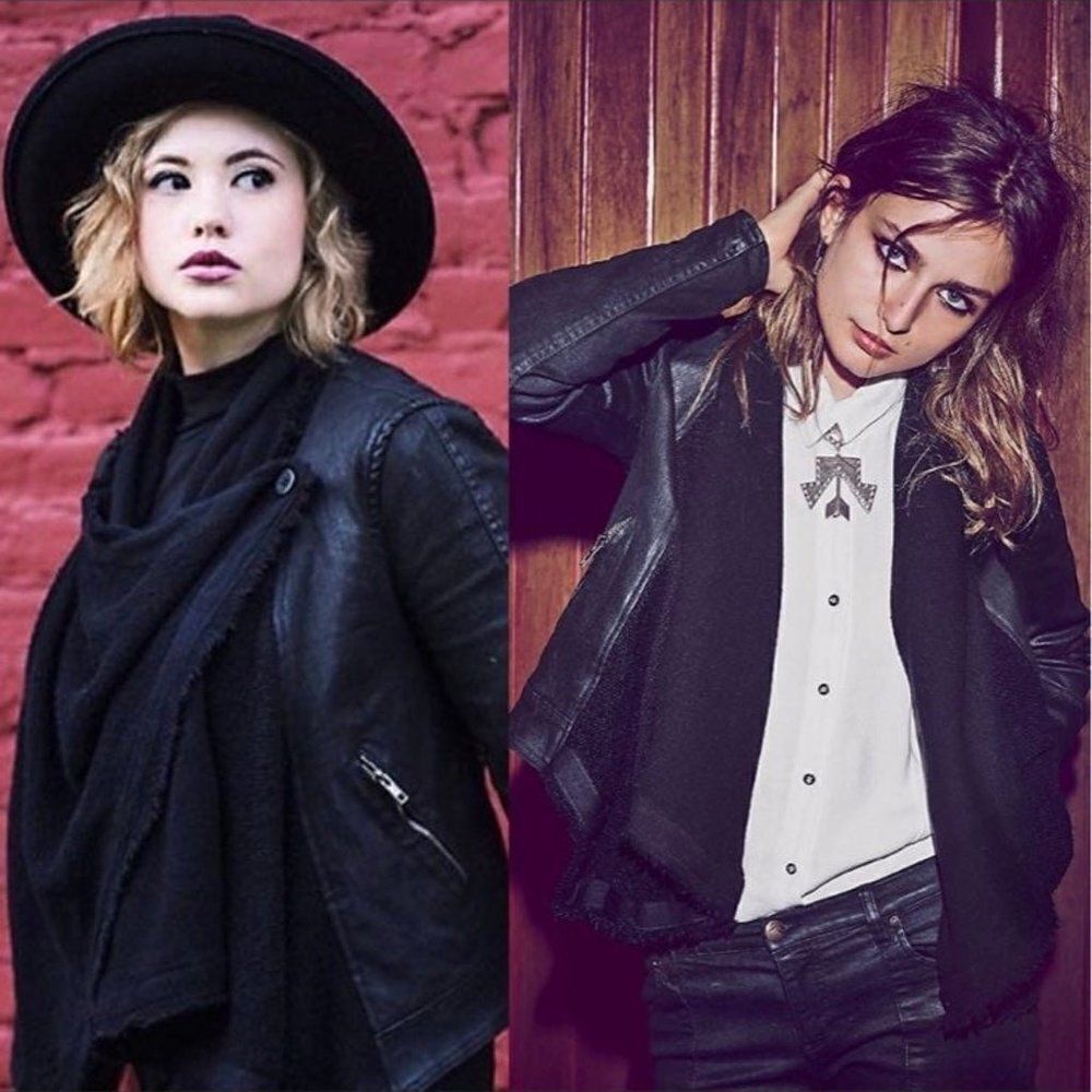 Free People‎ Black Moto Jacket Coat Size 2 Front Drape Coated Denim Jean